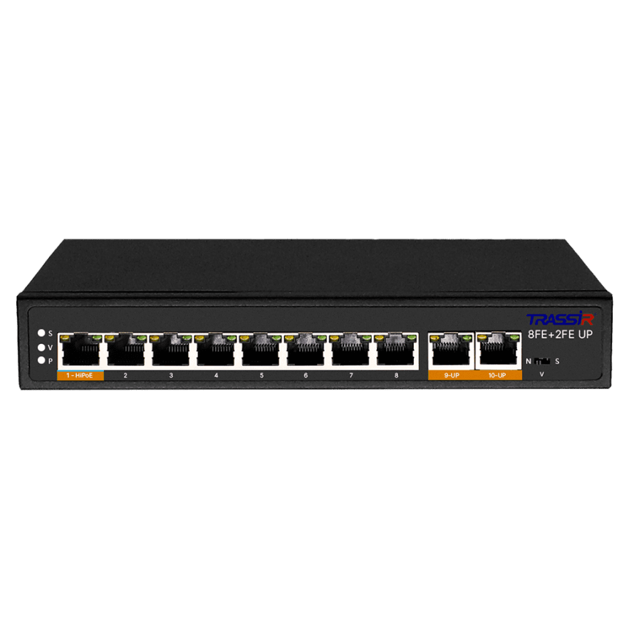 Коммутатор Trassir TR-NS1110-120-8POE, кол-во портов: 8x100 Мбит/с, кол-во SFP/uplink: RJ-45 2x100 Мбит/с, PoE: 8x60 Вт (макс. 120 Вт)