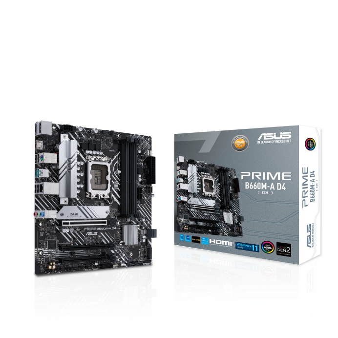 Материнская плата ASUS PRIME B660M-A D4-CSM, Socket1700, Intel B660, 4xDDR4, 2PCI-Ex16, 4SATA3, 7.1-ch, GLAN, 6 USB 3.2, 1 USB Type-C, HDMI, DP, mATX, Retail