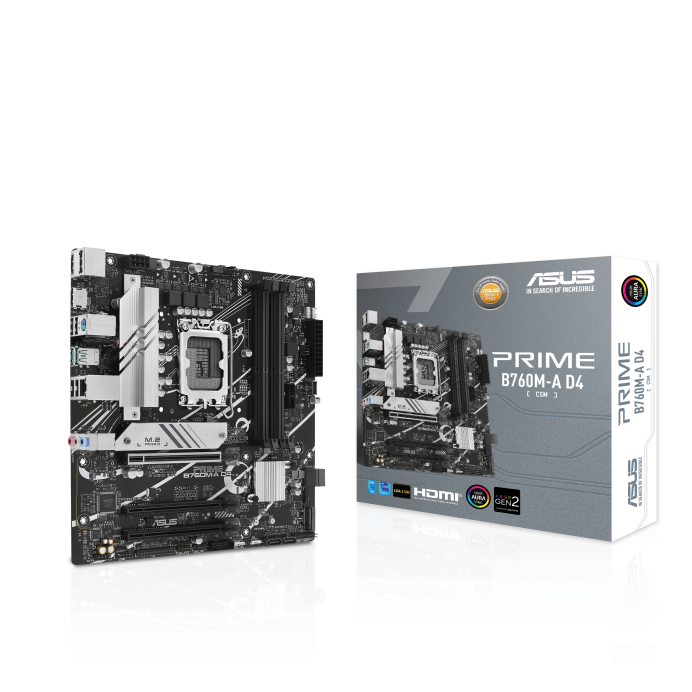 Материнская плата ASUS PRIME B760M-A D4-CSM, Socket1700, Intel B760, 4xDDR4, 2PCI-Ex16, 4SATA3, 7.1-ch, 2.5GLAN, 6 USB 3.2, 1 USB Type-C, HDMI, DP, mATX, Retail