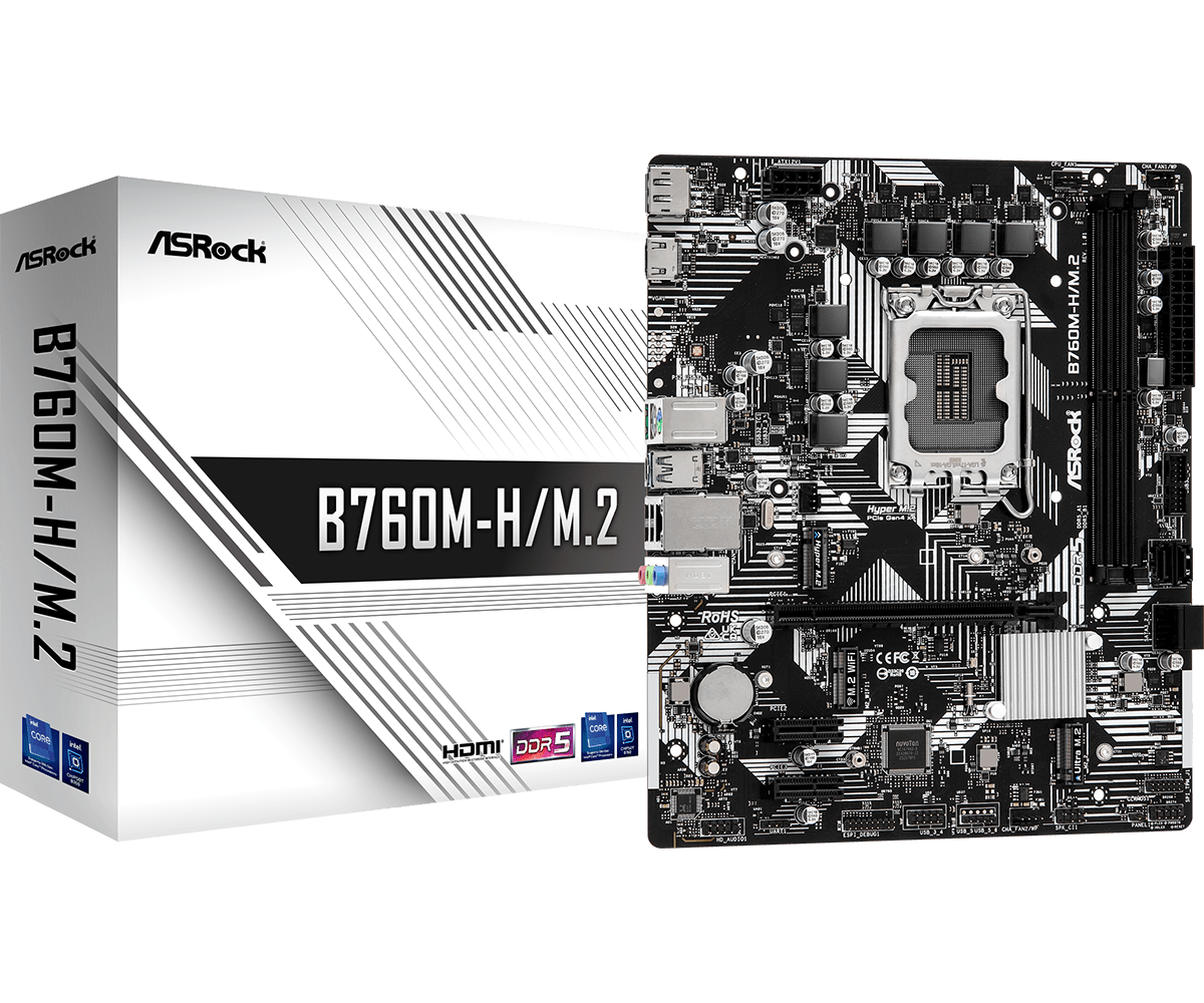 Материнская плата ASRock B760M-H/M.2, Socket1700, Intel B760, 2xDDR5 DIMM, PCI-Ex16, 4SATA3, 7.1-ch, GLAN, 5 USB 3.2, 1 USB Type-C, HDMI, DP, mATX, Retail