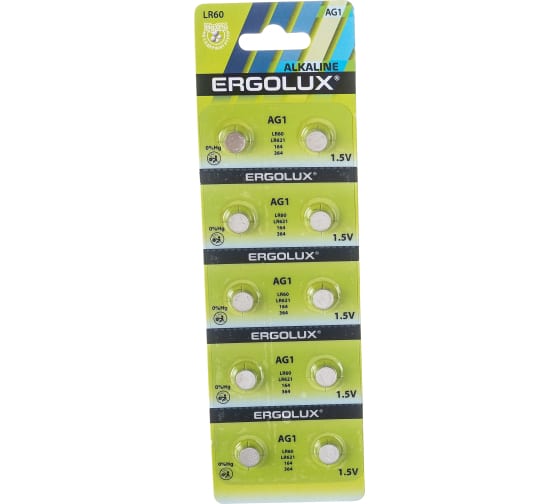Батарея Ergolux 14321, AG1, 364, LR621, 1.5V, 10 шт. (14312)