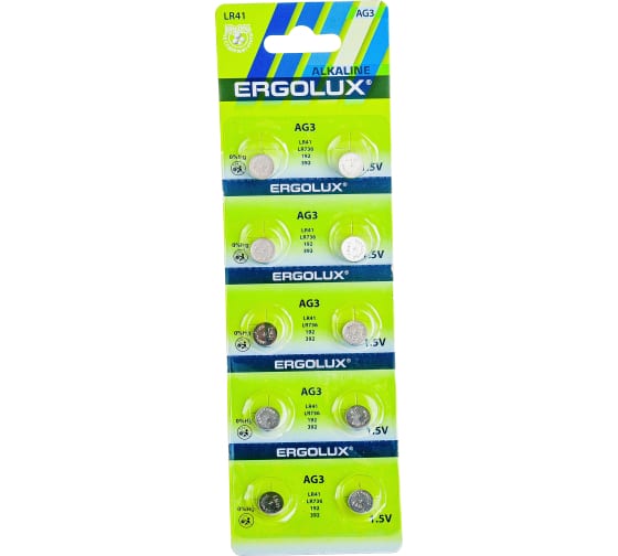 Элементы питания Батарея Ergolux 14321, AG3/LR736/LR41/392A/192, 1.5V, 10 шт. (14314)