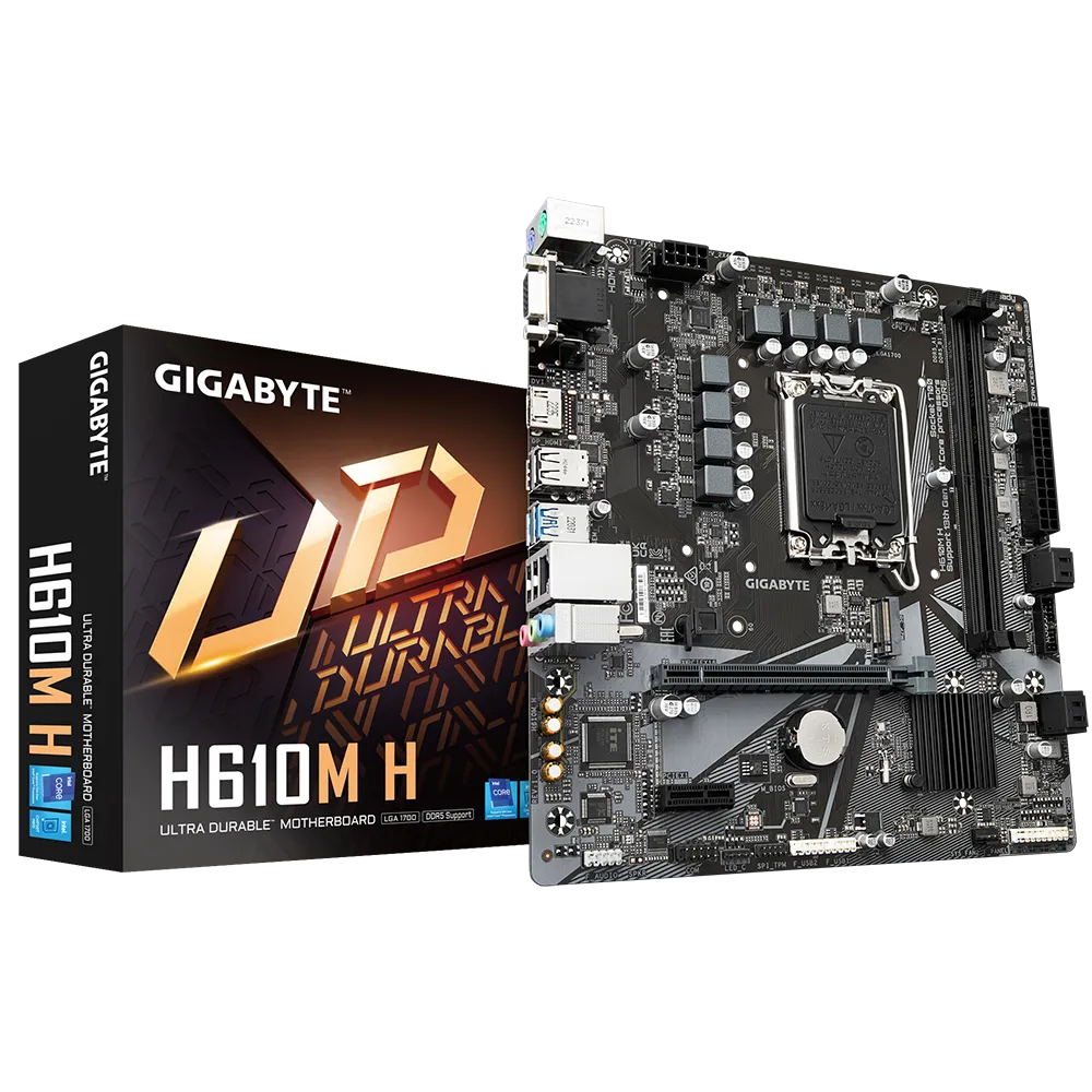 Материнская плата GIGABYTE H610M H, Socket1700, Intel H610, 2xDDR5 DIMM, PCI-Ex16, 4SATA3, 7.1-ch, GLAN, 4 USB 3.2, VGA, HDMI, mATX, Retail