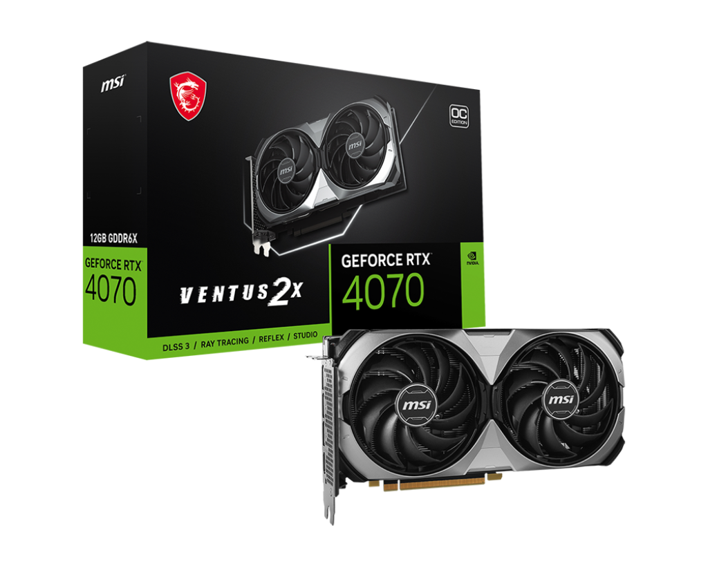 Видеокарта MSI NVIDIA GeForce RTX 4070 VENTUS 2X E 12G OC, 12Gb GDDR6X, 192 бит, PCI-E, HDMI, 3DP, Retail (RTX 4070 VENTUS 2X E 12G OC)