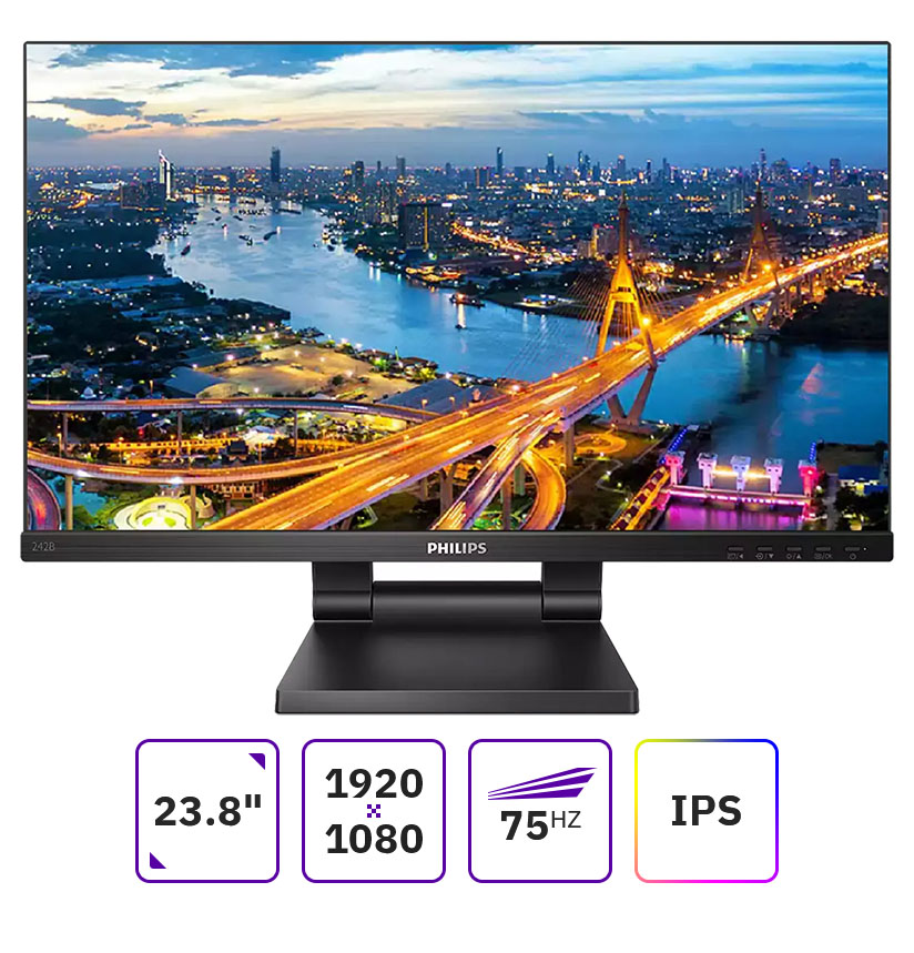 Монитор 23.8 Philips B Line 242B1TC (00/01) IPS, сенсорный, 1920x1080 (16:9), 250кд/м2, 4 мс, 178°/178°, VGA, HDMI, DisplayPort, USB-Hub, черный (242B1TC (00/01))