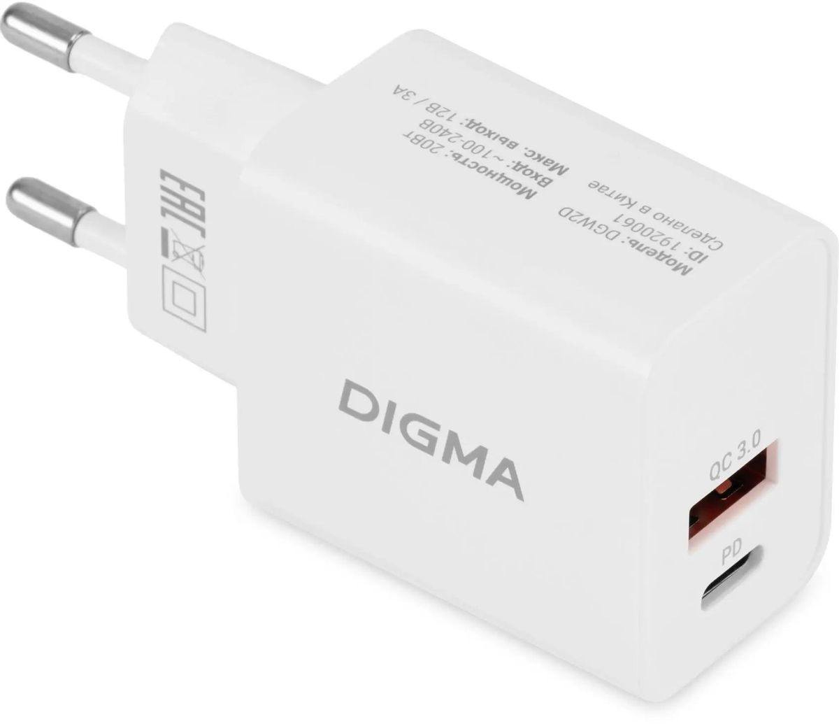 Сетевое зарядное устройство Digma DGW2D 20 Вт, USB, USB type-C, Quick Charge, PD, 3А, белый (DGW2D0F110WH)