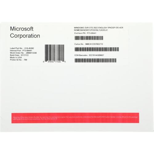  Дополнительная лицензия Microsoft Windows Server Standard 2022, English, 4 Core, NoMedia, NoKey, (POSOnly) (P73-08441)