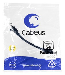 Патч-корд UTP кат.5e, 0.15 м, RJ45-RJ45, черный, CU, Cabeus (PC-UTP-RJ45-Cat.5e-0.15m-BK)