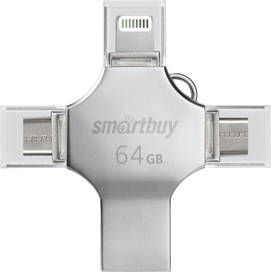 Флеш-накопители USB 3.0  E2E4 Флешка 64Gb USB 3.0/Lightning/USB Type-C/micro USB SmartBuy MC15 Metal Quad 4-in-1, серебро (SB064GBMC15)