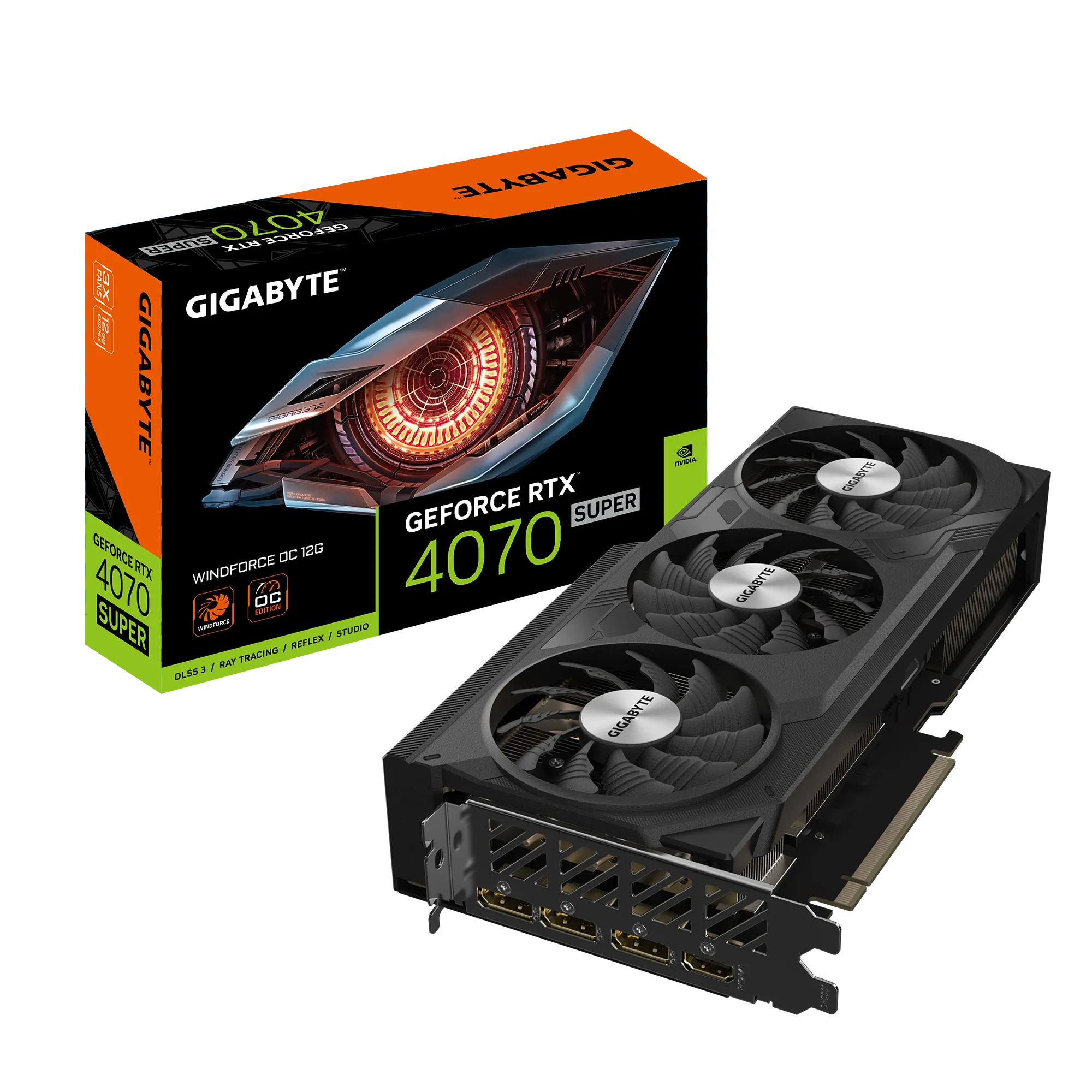 Видеокарта GIGABYTE NVIDIA GeForce RTX 4070 Super WINDFORCE OC , 12Gb DDR6X, 192 бит, PCI-E, HDMI, 3DP, Retail (GV-N407SWF3OC-12GD)