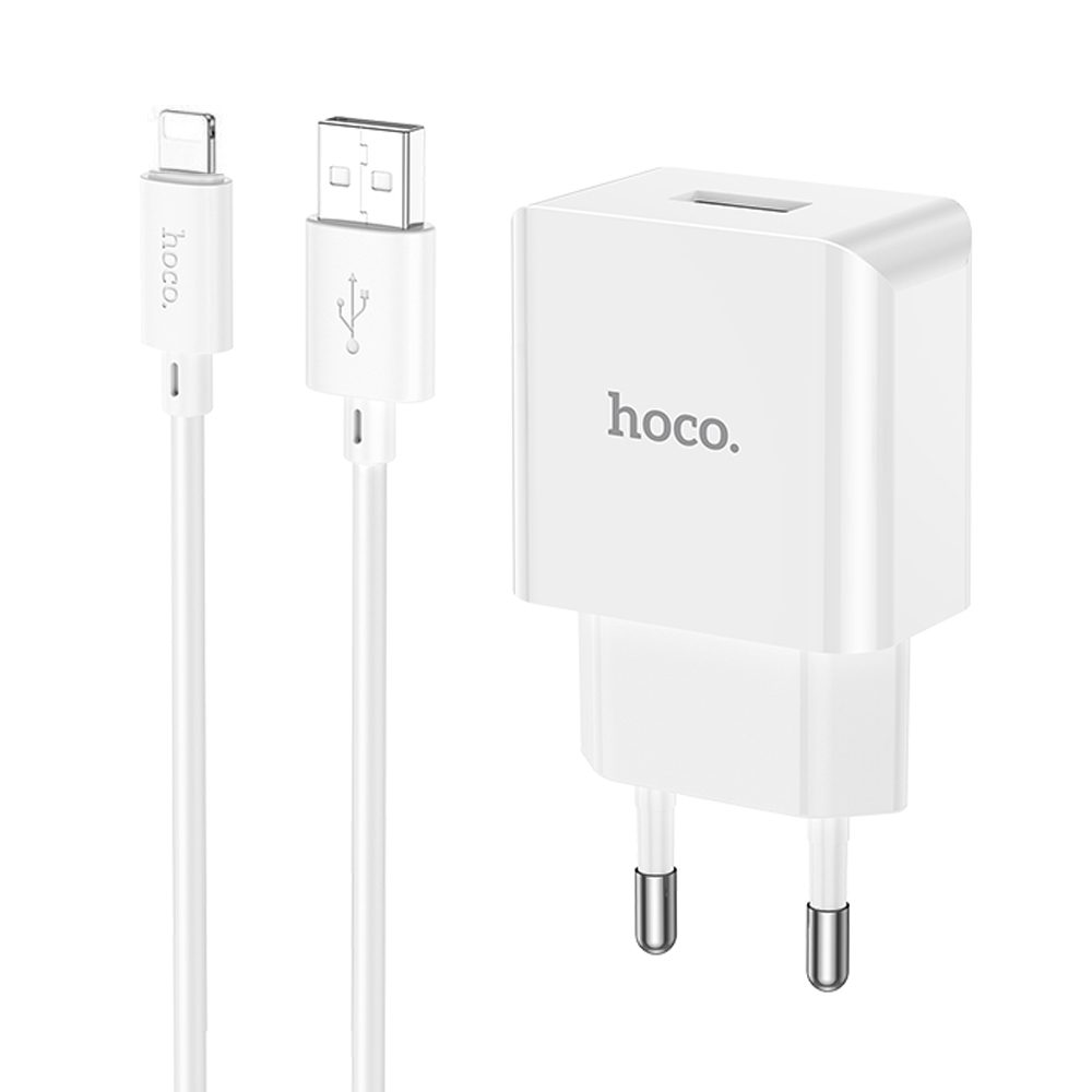 Сетевые зарядные устройства  E2E4 Сетевое зарядное устройство Hoco C106A, USB, EU, белый (6931474783899), Lightning 8pin