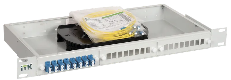 Кросс оптический ITK FOBX24-1U-16LCUD09, 1U, в стойку 19, 16 шт.xLC, SM 9/125 OS2, серый (FOBX24-1U-16LCUD09)