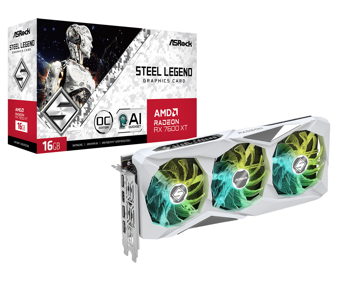 Игровые  E2E4 Видеокарта ASRock AMD Radeon RX 7600XT Steel Legend OC, 16Gb GDDR6, 128 бит, PCI-E, HDMI, 3DP, Retail (RX7600XT SL 16GO)