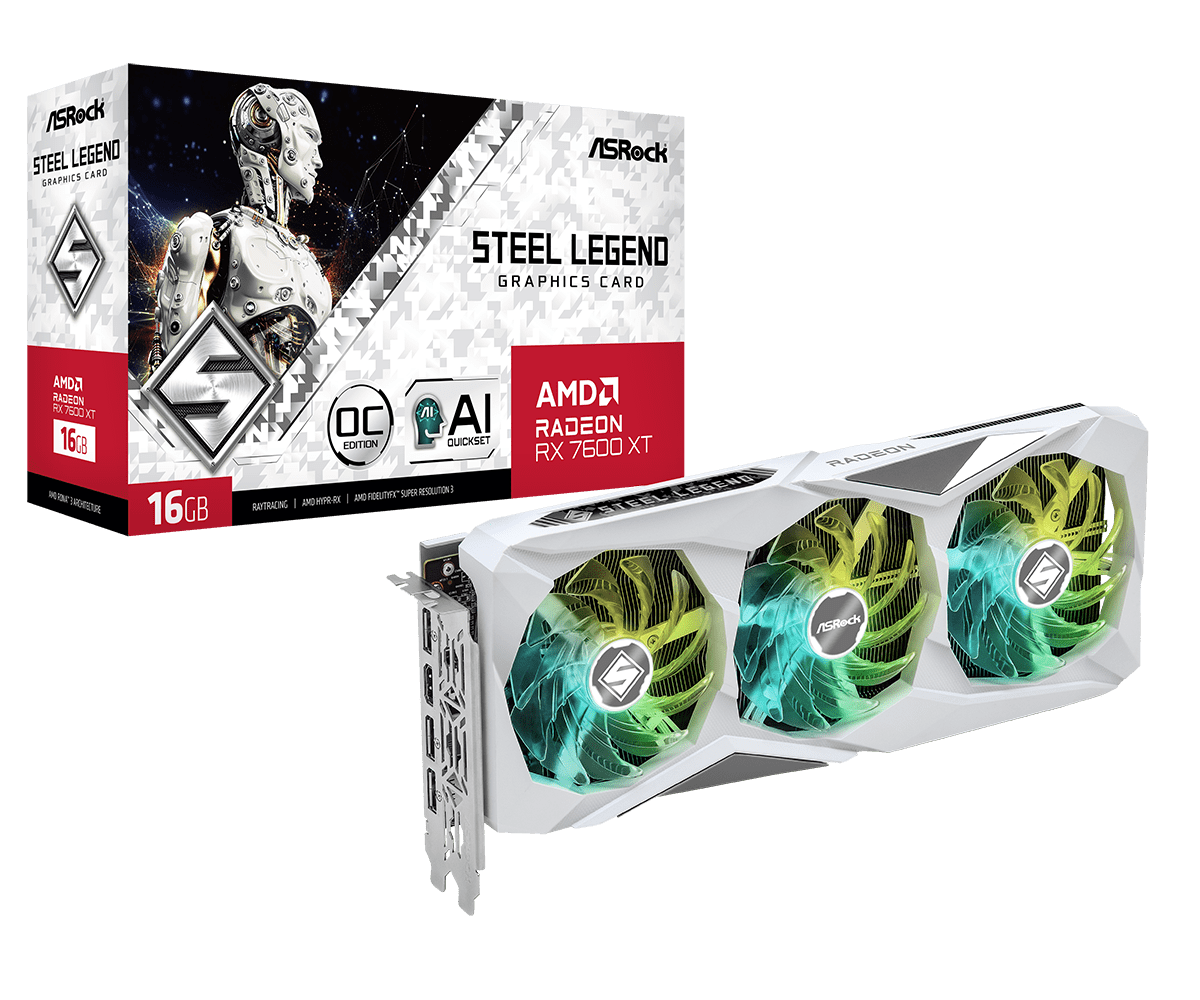 Видеокарта ASRock AMD Radeon RX 7600XT Steel Legend OC , 16Gb DDR6, 128 бит, PCI-E, HDMI, 3DP, Retail (RX7600XT SL 16GO)