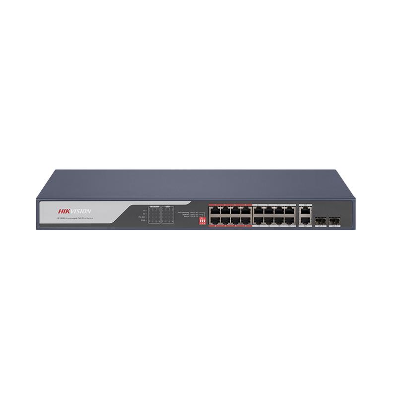 Коммутатор Hikvision Pro DS-3E0318P-E (С), кол-во портов: 16x100 Мбит/с, кол-во SFP/uplink: combo RJ-45/SFP 2x1 Гбит/с, установка в стойку, PoE: 16x30 Вт (макс. 225 Вт) (DS-3E0318P-E (С))