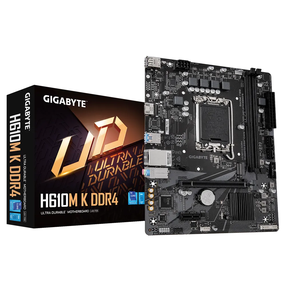 Материнская плата GIGABYTE H610M K DDR4 2.0, Socket1700, Intel H610, 2xDDR4, PCI-Ex16, 2SATA3, 7.1-ch, GLAN, 4 USB 3.2, HDMI, mATX, Retail
