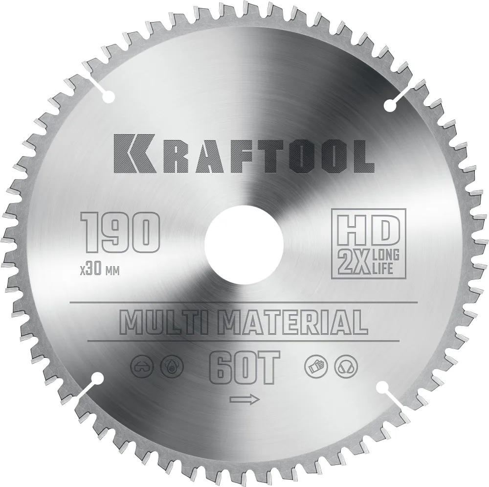 Пильный диск Kraftool Multi Material, ⌀190 мм x 30 мм по алюминию, идеальный рез, 60T, 1 шт. (36953-190-30)