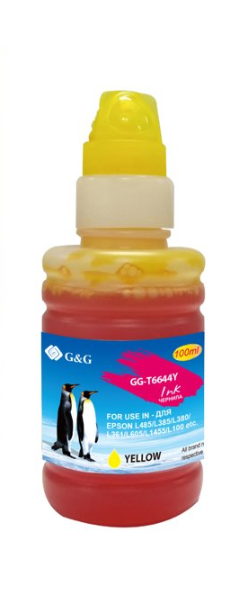  Чернила G&G C13T66444A, 100 мл, желтый, совместимые для Epson L100/L110/L120/L1300/L200/L210/L300/L350/L355/L364/L382/L386/L486/L550/L555/L1455/L605/L485/L385/L380/L361/L101/L111/L130/L201/L211/L220/L301/L303/L310/L313/L351/L353/L358/L360/L363/L365/L455/L551/L558/L565/EcoTank Expression ET-2500/ET-2550/ET-4500/ET-14000/ET-2650/ET-2600/ET-3600/ET-4550 (GG-T6644Y)