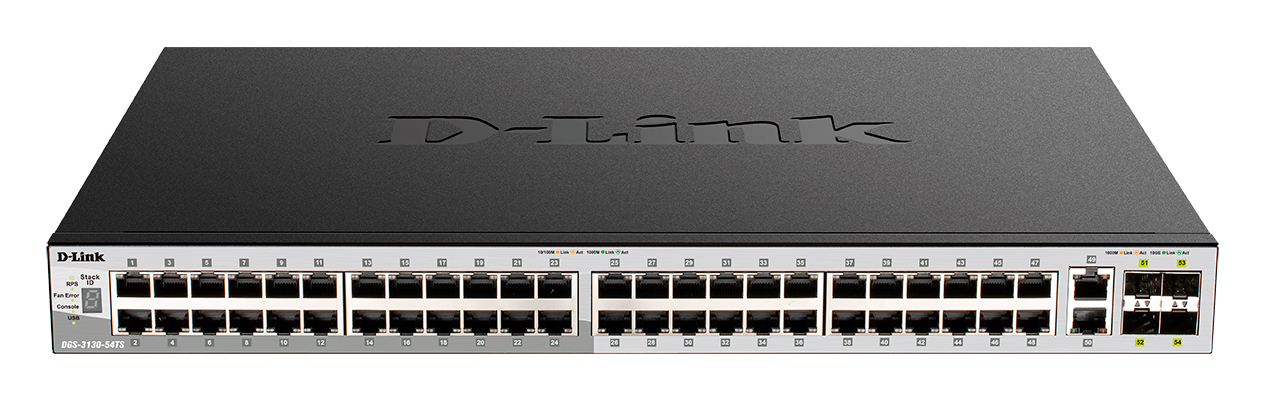 Коммутатор D-Link DGS-3130-54PS, управляемый, кол-во портов: 48x1 Гбит/с SFP+ 4x10, кол-во SFP/uplink: RJ-45 2x10 Гбит/с, установка в стойку, PoE: 48x30 Вт (макс. 370 Вт) (DGS-3130-54PS/B2A)