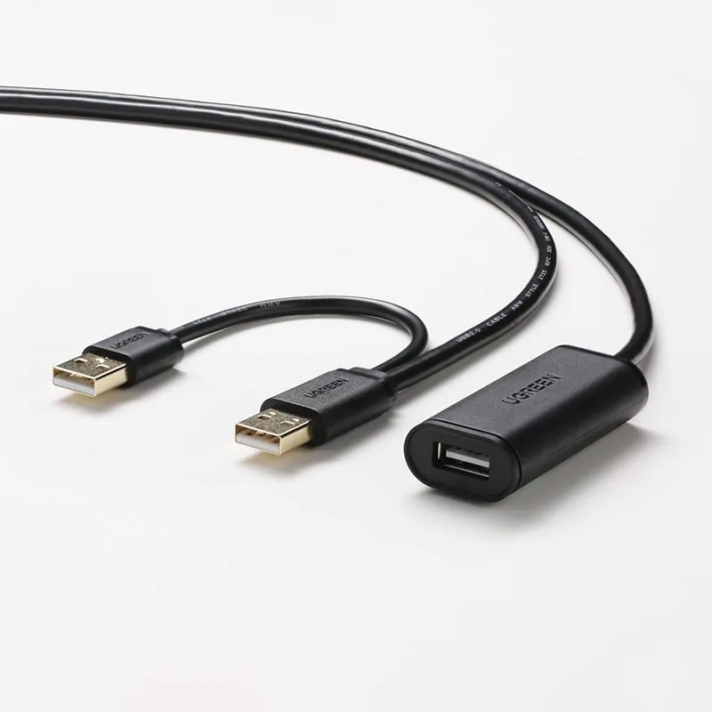 Кабель-удлинитель 2xUSB 2.0(Am)-USB 2.0(Af), экранированный, 5 м, черный, UGREEN US137 (20213)