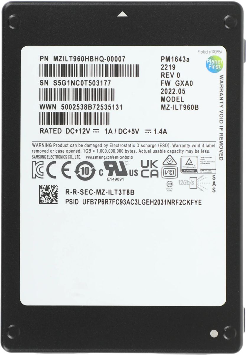 Твердотельный накопитель (SSD) DELL 960Gb PM1643a, 2.5, SAS 12Gb/s (MZILT960HBHQ-00007_DELL)