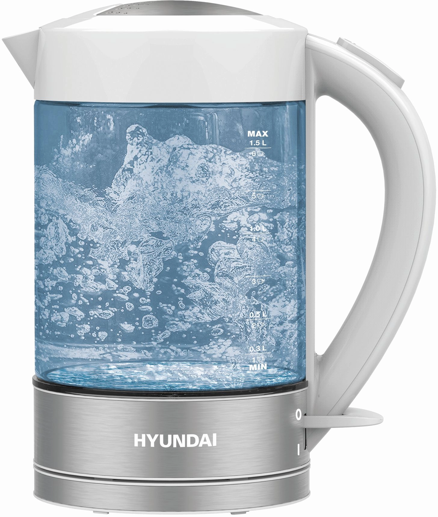Чайник Hyundai HYK-G9990 1.5л. 2 кВт, стекло/пластик, белый (HYK-G9990)