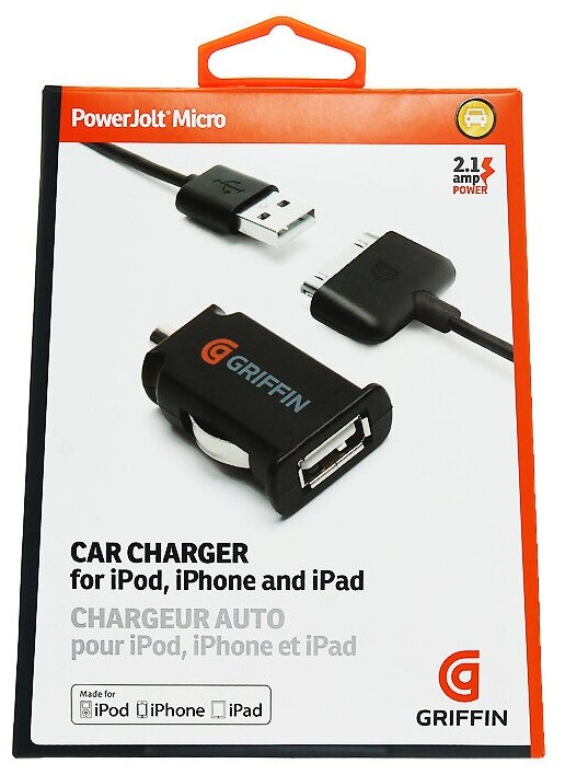 Автомобильное зарядное устройство Griffin iPad PowerJolt Micro, USB, 1А, кабель Apple 30-pin, черный (GC23095)