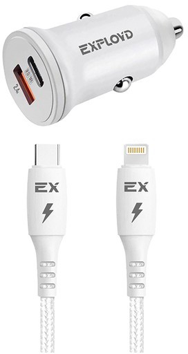 Автомобильное зарядное устройство Exployd EX-Z-1134, USB, 1xUSB Type C, 3А, 18 Вт, QC, PD, кабель Type-C/Lightning, белый (EX-Z-1134)