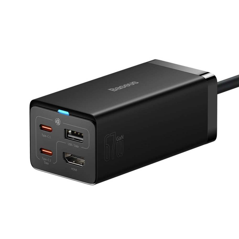 Сетевое зарядное устройство BASEUS GaN5 Pro Desktop Fast Charger 1U+2C+HDMI 67W CCGP110201 67 Вт, USB, HDMI, EU, 2xUSB type-C, Quick Charge, черный (CCGP110201), кабель сетевой 1.5м