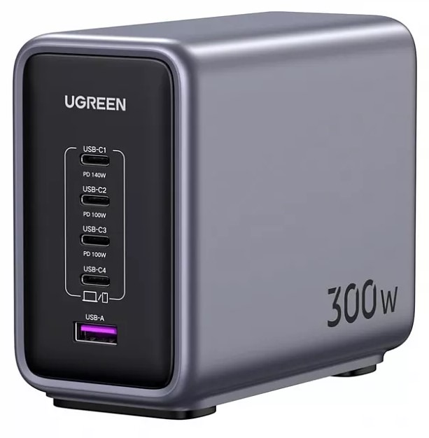   E2E4 Сетевое зарядное устройство UGREEN Nexode CD333 300 Вт, USB, EU, 4xUSB type-C, Quick Charge, PD, серый (90903B), кабель сетевой 2м/Type-C 1.5м