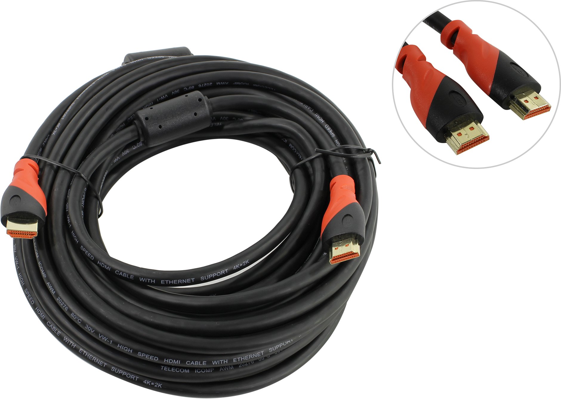 Кабель HDMI(19M)-HDMI(19M) v2.0 4K, экранированный, ферритовый фильтр, 10 м, красный/черный Telecom PRO TCG220F (TCG220F-10M)