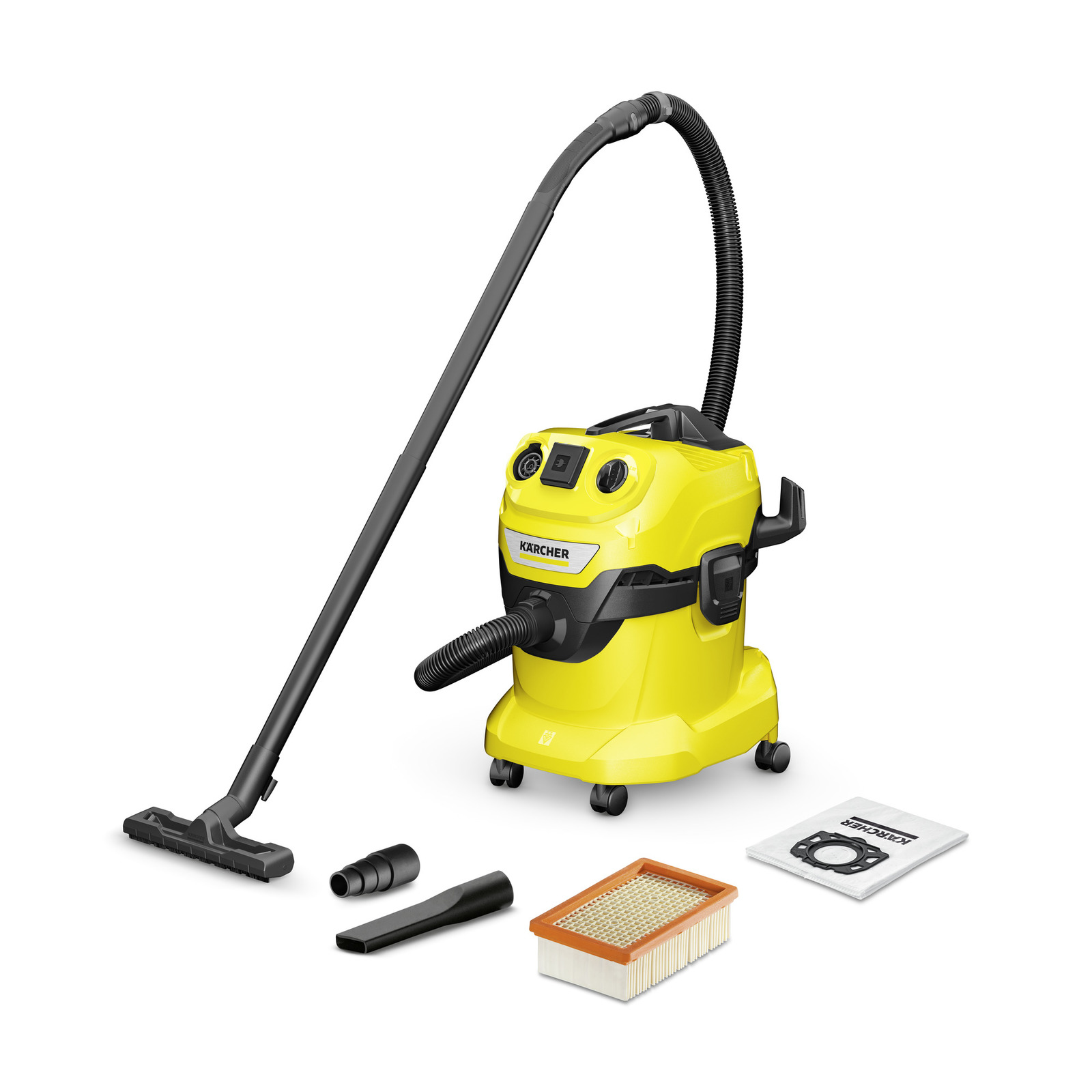 Строительный пылесос KARCHER WD 4 P V-20/5/22, сетевой, 1 кВт, сухая, влажная уборка, объем пылесборника 20 л, контейнер, диаметр шланга 3.5 см, длина шланга 2.2 м, встроенная розетка, 7.18 кг (1.628-270.0)