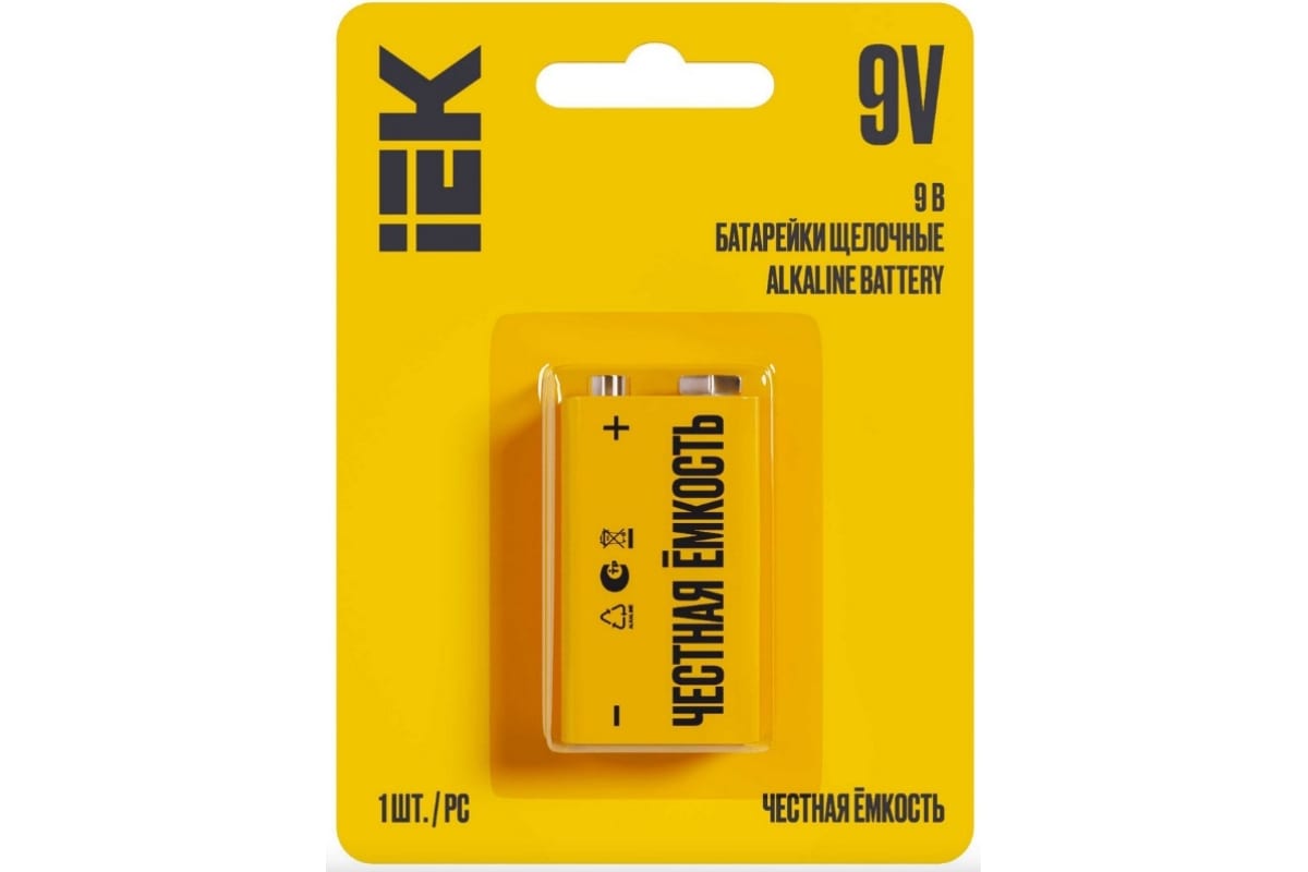 Батарея IEK Alkaline, крона (6LR61/6LF22/1604A/6F22), 9V, 1 шт. (ABT-6LR619V-OP-L01)