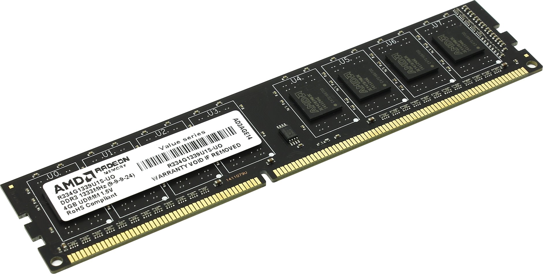 Память DDR3 DIMM 4Gb, 1333MHz, CL9, 1.5 В, AMD (R334G1339U1S-UO)