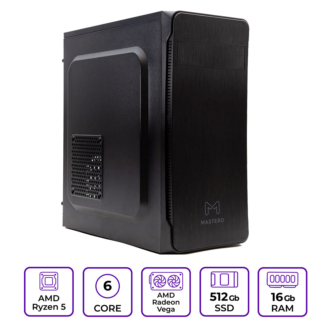 Системный блок Mastero Middle MT05, AMD Ryzen 5 5600G 3.9 ГГц, 16Gb RAM, 512Gb SSD, Radeon Vega 7, DOS, черный (MT05-A5600-16S480)