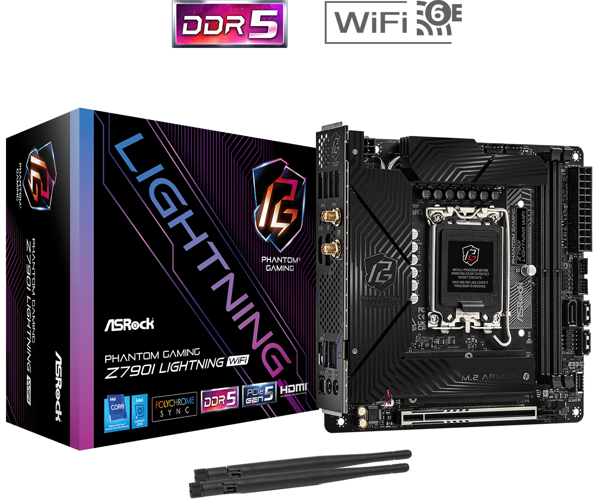 Материнская плата ASRock Z790I LIGHTNING WIFI, Socket1700, Intel Z790, 2xDDR5 DIMM, PCI-Ex16, 3SATA3, 7.1-ch, 2.5GLAN, 7 USB 3.2, 2 USB Type-C, HDMI, DP, mini-ITX, Retail