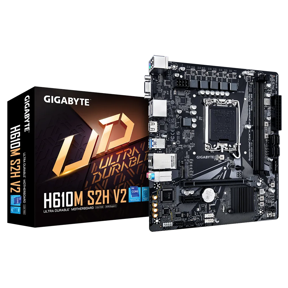 Материнская плата GIGABYTE H610M S2H V2, Socket1700, Intel H610, 2xDDR5 DIMM, PCI-Ex16, 4SATA3, 7.1-ch, GLAN, 6 USB 3.2, VGA, HDMI, DP, mATX, Retail