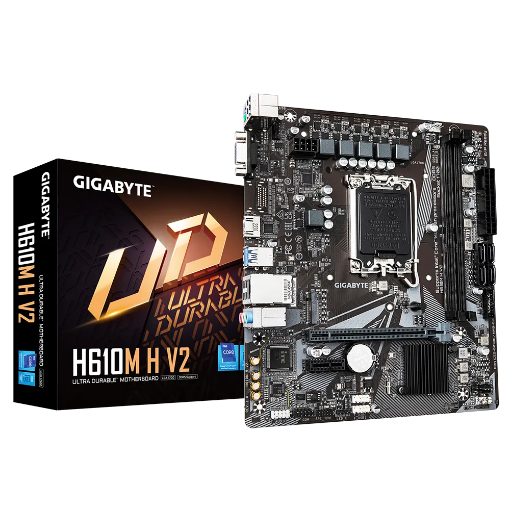 Материнская плата GIGABYTE H610M H V2, Socket1700, Intel H610, 2xDDR5 DIMM, PCI-Ex16, 4SATA3, 7.1-ch, GLAN, 4 USB 3.2, VGA, HDMI, mATX, Retail