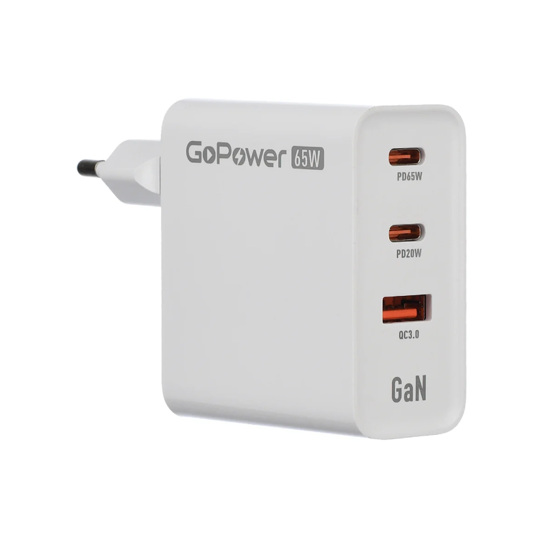 Сетевое зарядное устройство GoPower GPQC10 65 Вт, USB, EU, 2xUSB type-C, Quick Charge, PD, белый (00-00028405)