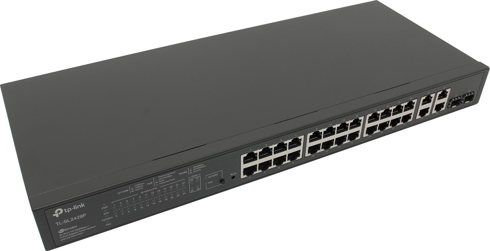 Коммутатор TP-Link SL2428P, управляемый, кол-во портов: 24x100 Мбит/с, combo RJ-45/SFP 2x1 Гбит/с, кол-во SFP/uplink: RJ-45 2x1 Гбит/с, установка в стойку, PoE: 24x30 Вт (макс. 250 Вт) (TL-SL2428P)