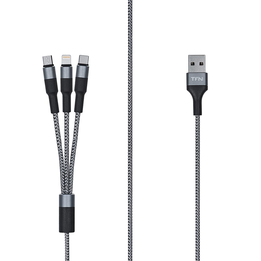Кабель USB-Lightning 8-pin+Micro USB+USB Type-C, 2А, 1.2 м, графитовый, TFN 3in1 (TFN-CFZ3IN1GR)