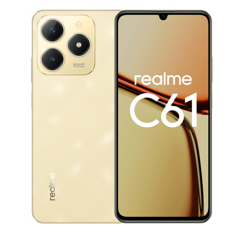 Смартфон Realme C61, 6.74 1600x720 IPS, Unisoc T612, 6Gb RAM, 128Gb, 3G/4G, Wi-Fi, BT, 2xCam, 2-Sim, 5000 мА⋅ч, USB Type-C, Android 14, золотистый (C61_RMX3930_Gold 6+128)