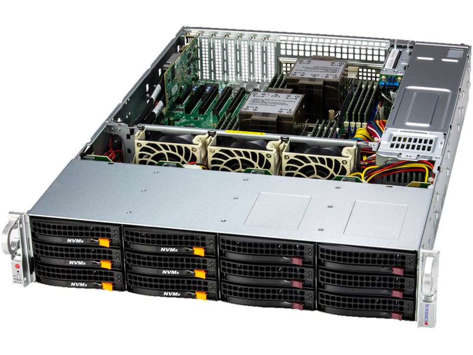 Сервер Supermicro 621E-ACR12H, 2xIntel Xeon Gold 6448Y (up2), 4x64Gb RAM, noHDD + 1x480Gb M.2 NVMe SSD, 12x3.5 HS, AOC-S3916L-H16IR-32DD, noDVD, 2x10GLAN, IPMI, 2x1200 Вт (up2), 2U (SSG-621E-ACR12H.)