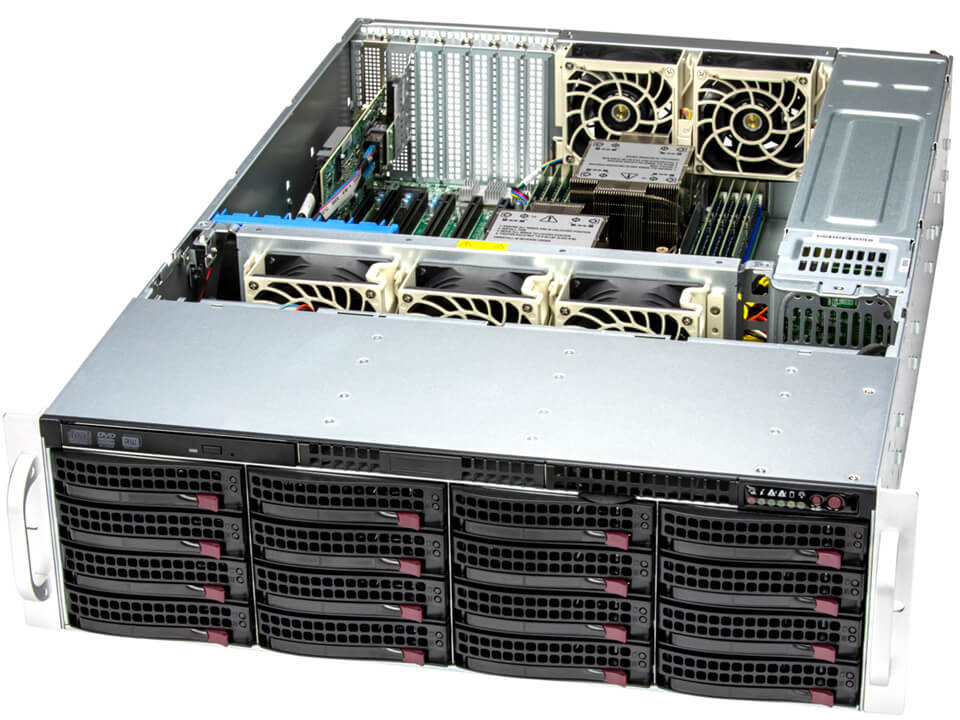 Сервер Supermicro 631E-E1CR16L, 2xIntel Xeon Gold 6426Y (up2), 4x64Gb RAM, noHDD + 1x480Gb M.2 NVMe SSD, 16x3.5 HS, AOC-S3808L-L8IT-P, noDVD, 2x10GLAN, IPMI, 2x1200 Вт (up2), 3U (SSG-631E-E1CR16L.)