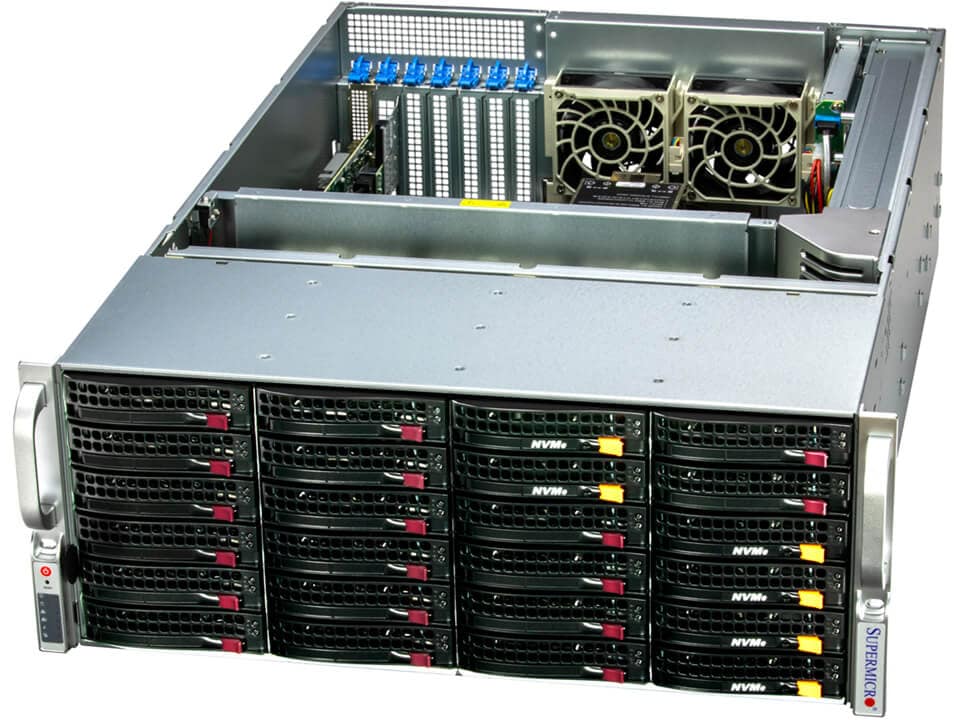 Сервер Supermicro 641E-E1CR24L, 2xIntel Xeon Gold 6548Y (up2), 4x96Gb RAM, noHDD + 1x480Gb M.2 NVMe SSD, 24x3.5 HS, AOC-S3808L-L8IT-P, noDVD, 2x10GLAN, IPMI, 2x1200 Вт (up2), 4U (SSG-641E-E1CR24L.)