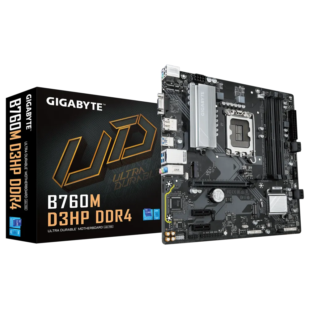 Материнская плата GIGABYTE B760M D3HP DDR4, Socket1700, Intel B760, 4xDDR4, PCI-Ex16, 4SATA3, 7.1-ch, GLAN, 5 USB 3.2, VGA, HDMI, DP, mATX, Retail