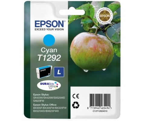 Картридж струйный Epson T1292 (C13T12924010/C13T12924011/C13T12924012/C13T12924021), голубой, оригинальный, ресурс 690 страниц для Epson Epson Stylus SX230 / SX235W / SX420W / SX425W / SX430W / SX435W /SX440W / SX445W / SX525WD / SX535WD, Office B42WD / BX305F / BX320FW /BX635FWD / WF-352DWF / WF-7015 / WF-7515 / WF-7525