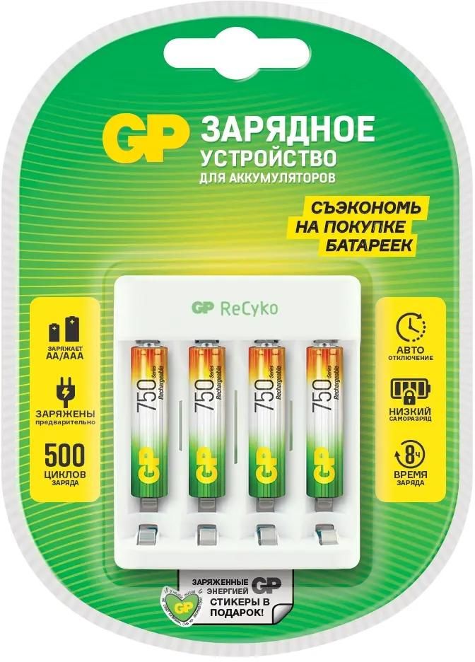 Аккумуляторная батарейка + Зарядное устройство GP Rechargeable E411, 4xNiMH: AA и AAA, 4xAAA 750mAh, белый (GP Е411/75AAAHCCS-2CR1)