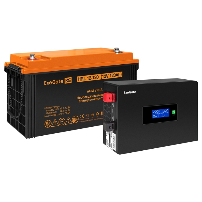 Инвертор ExeGate IdealSine SR-600/HRL 12-120 (12В, 120Ач) , 600 VA, 600 Вт, EURO, розеток - 2, черный (EX297398RUS) (в комплекте внешний аккумулятор)