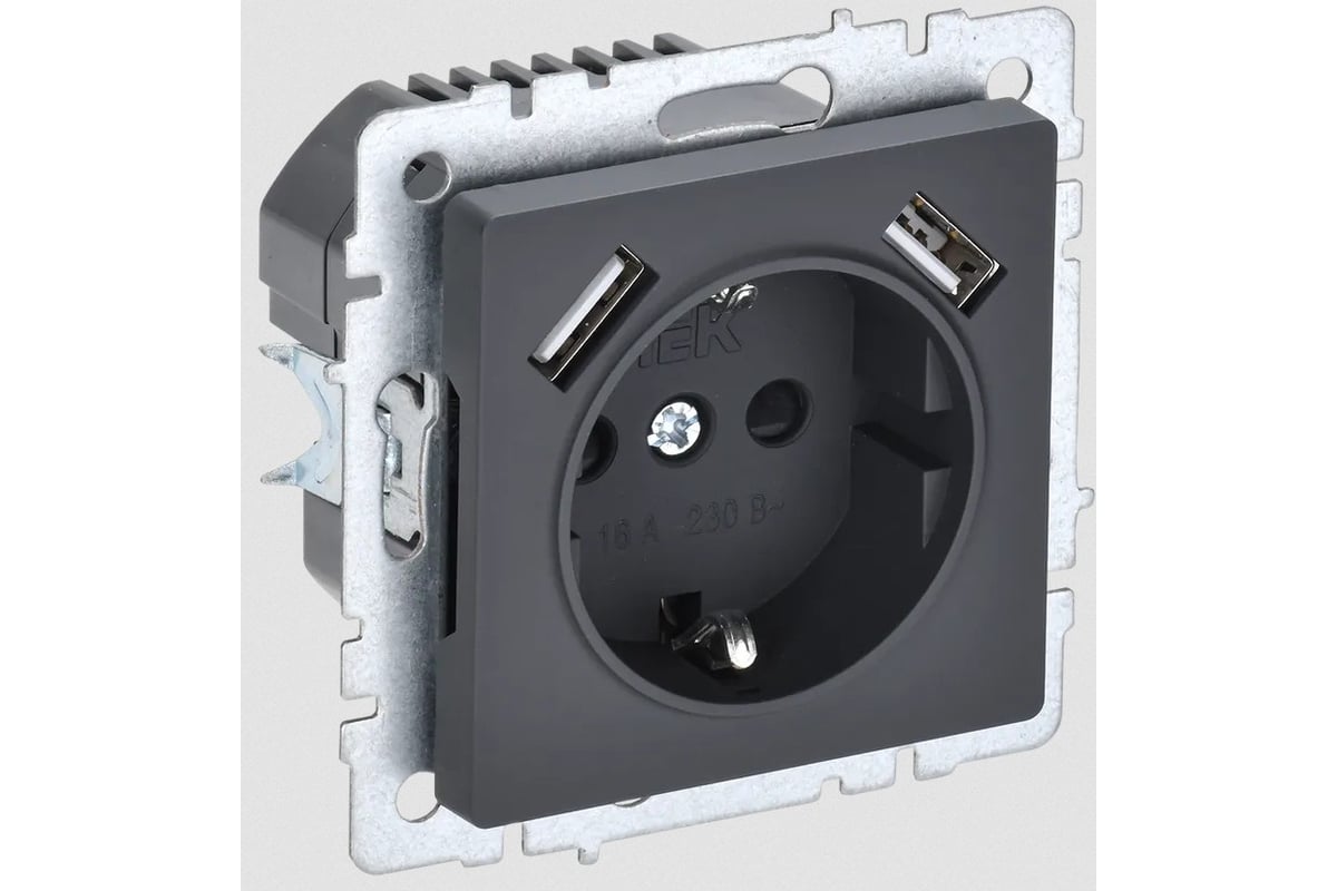 Розетка IEK BRITE РЮш10-2-БрГ, скрытый монтаж, однопостовая, с з/к, со шторками, 16А, механизм розетки с накладкой, IP20, 2xUSB, графит, 1 шт. (BR-R14-16-U21-D31-K53)